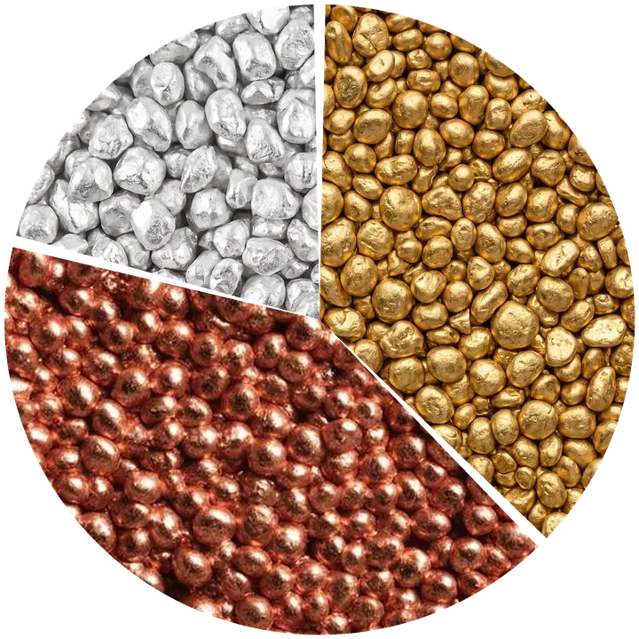 Kreisdiagramm der Zusammensetzung von 375er Gold: 37,5 % Gold, 41,5 % Kupfer, 21 % Silber