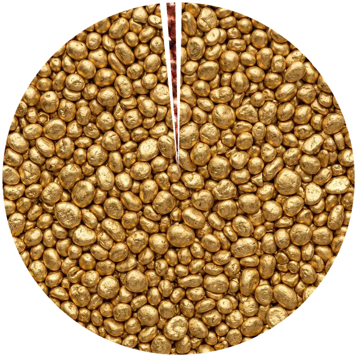 Kreisdiagramm der Zusammensetzung von 986er Gold: 98,6 % Gold, 1,4 % Kupfer